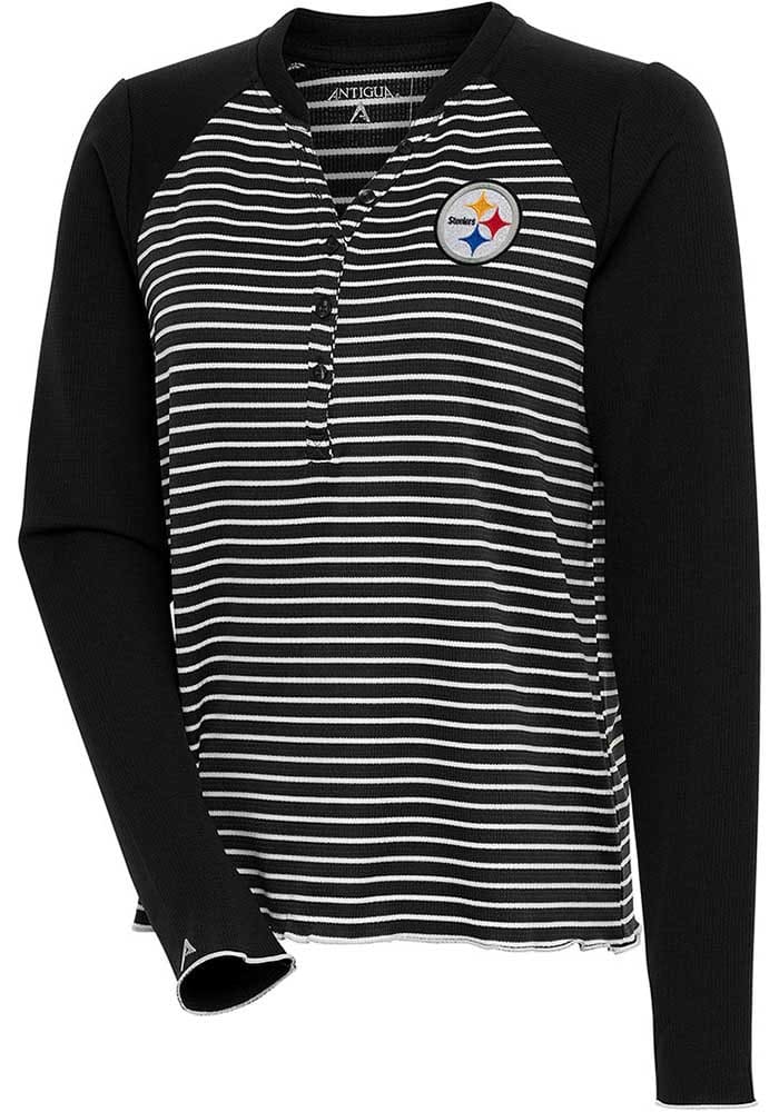 Antigua Pittsburgh Steelers Women's White Maverick Henley LS Tee, White, 100% POLYESTER, Size M, Rally House