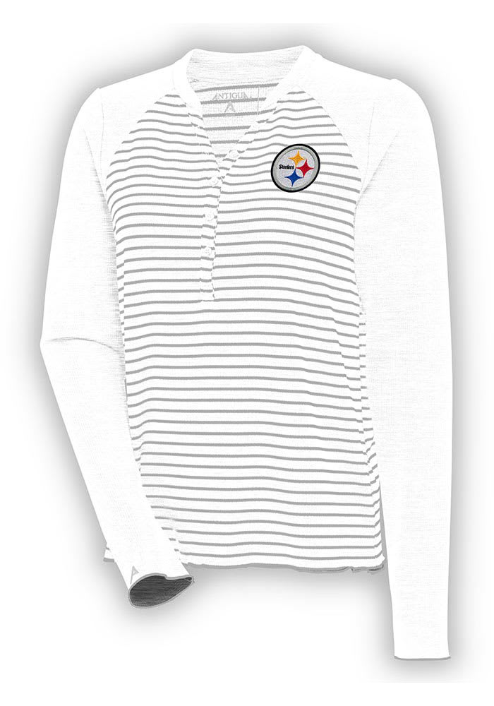 Antigua Pittsburgh Steelers Women's White Maverick Henley LS Tee, White, 100% POLYESTER, Size M, Rally House