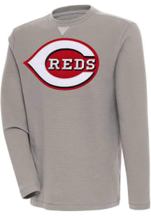 Antigua Cincinnati Reds Mens Oatmeal Flier Bunker Long Sleeve Crew Sweatshirt