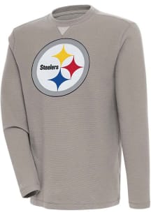 Antigua Pittsburgh Steelers Mens Oatmeal Flier Bunker Long Sleeve Crew Sweatshirt