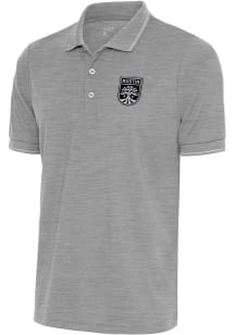 Antigua Austin FC Mens Grey Metallic Logo Solid Pique Short Sleeve Polo