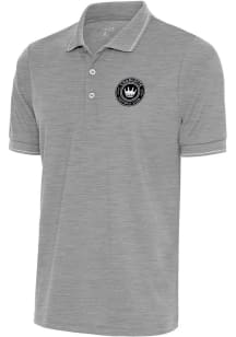 Antigua Charlotte FC Mens Grey Metallic Logo Solid Pique Short Sleeve Polo