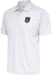 Antigua Austin FC Mens White Metallic Logo Spark Short Sleeve Polo