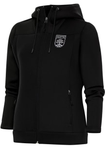 Antigua Austin FC Womens Black Metallic Logo Protect Long Sleeve Full Zip Jacket