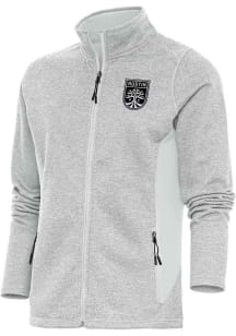 Antigua Austin FC Womens Grey Metallic Logo Course Long Sleeve Full Zip Jacket