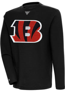Antigua Cincinnati Bengals Mens Black Chenille Logo Flier Bunker Long Sleeve Crew Sweatshirt