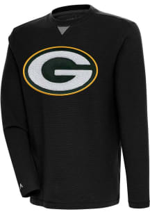 Antigua Green Bay Packers Mens Black Chenille Logo Flier Bunker Long Sleeve Crew Sweatshirt