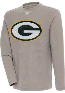 Antigua Green Bay Packers Mens Oatmeal Chenille Logo Flier Bunker Long Sleeve Crew Sweatshirt