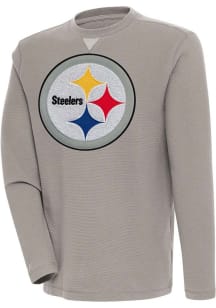 Antigua Pittsburgh Steelers Mens Oatmeal Chenille Logo Flier Bunker Long Sleeve Crew Sweatshirt