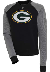Antigua Green Bay Packers Womens Black Chenille Logo Flier Bunker Crew Sweatshirt