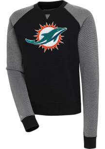 Antigua Miami Dolphins Womens Black Chenille Logo Flier Bunker Crew Sweatshirt