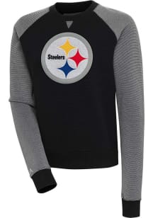 Antigua Pittsburgh Steelers Womens Black Chenille Logo Flier Bunker Crew Sweatshirt