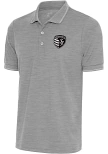 Antigua Sporting Kansas City Mens Grey Metallic Logo Affluent Short Sleeve Polo