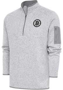 Antigua Boston Bruins Mens Grey Metallic Logo Fortune Long Sleeve 1/4 Zip Pullover