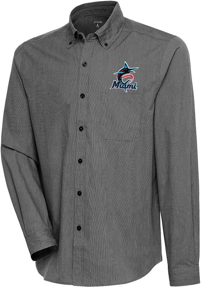 Antigua Miami Marlins Black Compression Long Sleeve Dress Shirt, Black, 70% Cotton / 27% Polyester / 3% SPANDEX, Size M, Rally House