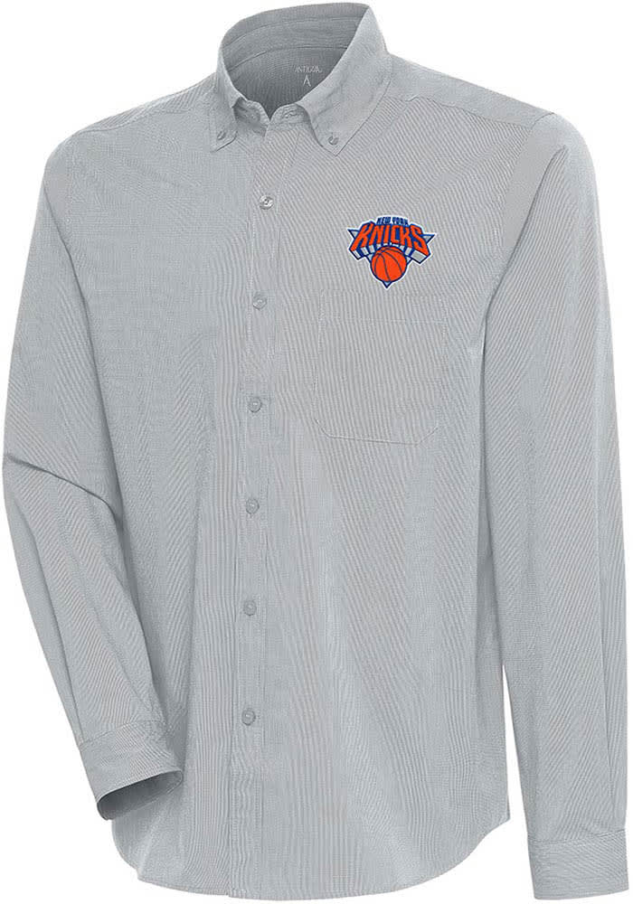 Antigua New York Knicks Grey Carry Long Sleeve Dress Shirt, Grey, 65% Cotton / 32% Polyester / 3% SPANDEX, Size 2XL, Rally House