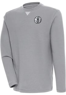 Antigua Brooklyn Nets Mens Grey Flier Bunker Long Sleeve Crew Sweatshirt