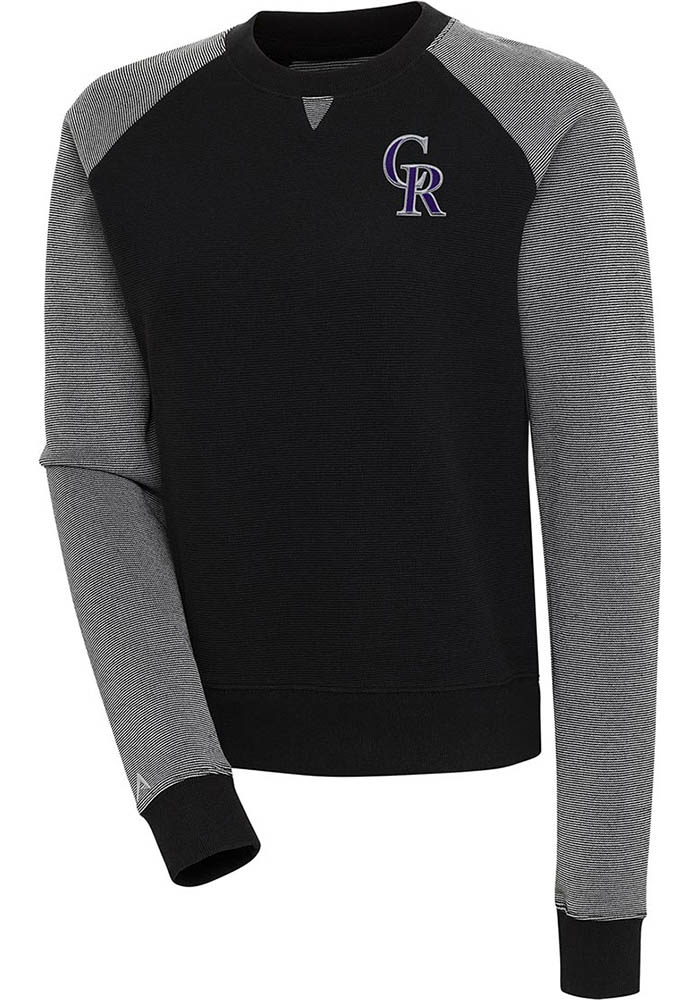 Antigua Colorado Rockies Women's Black Flier Bunker Crew Sweatshirt, Black, 86% Cotton / 11% Polyester / 3% SPANDEX, Size XL, Rally House