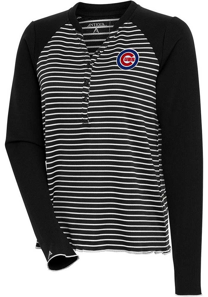 Antigua Chicago Cubs Women's Black Maverick Henley LS Tee, Black, 100% POLYESTER, Size M, Rally House