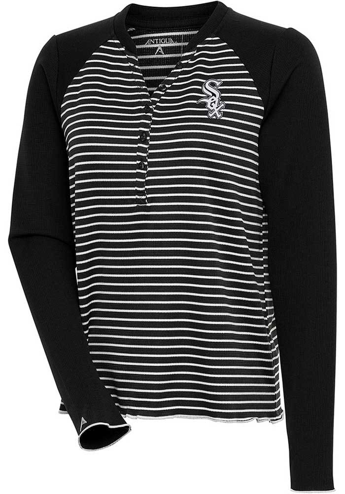 Antigua Chicago White Sox Women's Black Maverick Henley LS Tee, Black, 100% POLYESTER, Size L, Rally House