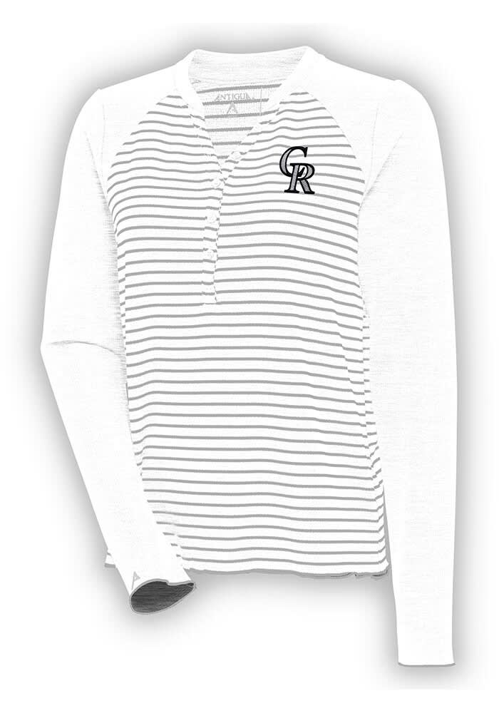 Colorado Rockies Antigua Women's Maverick Henley Long Sleeve T-Shirt -  White/Gray