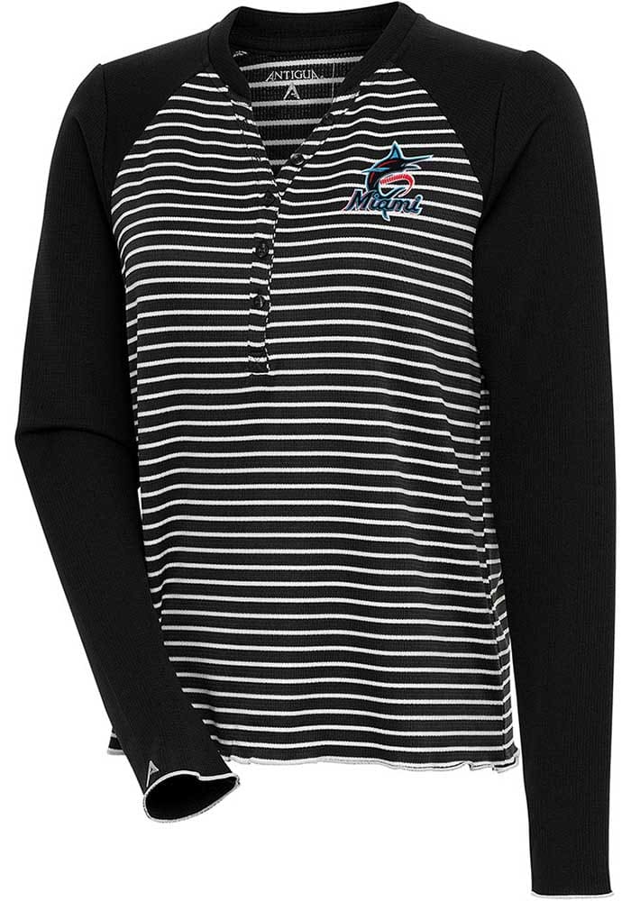 Antigua Miami Marlins Women's Black Maverick Henley LS Tee, Black, 100% POLYESTER, Size L, Rally House