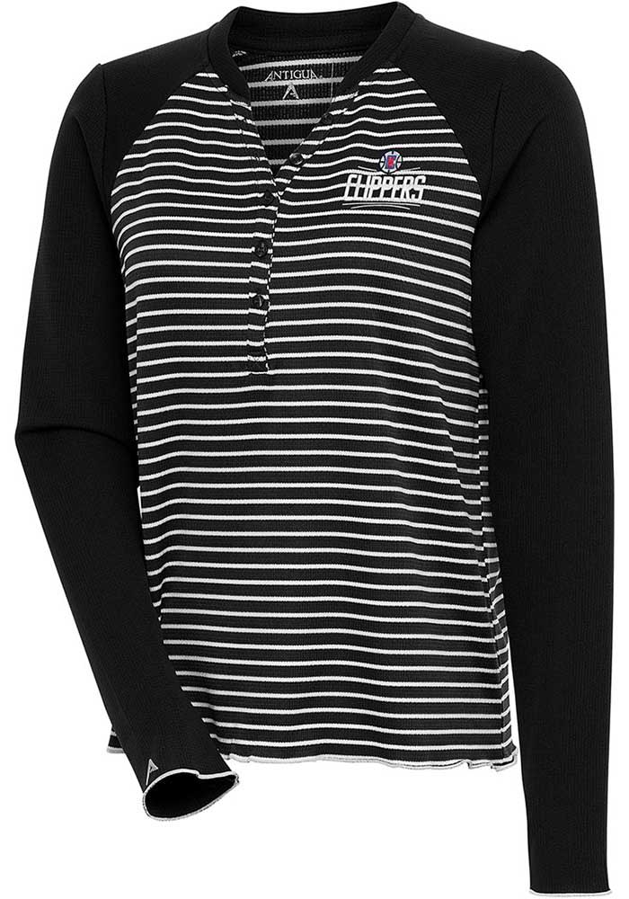 Antigua Los Angeles Clippers Women's Black Maverick Henley LS Tee, Black, 100% POLYESTER, Size S, Rally House