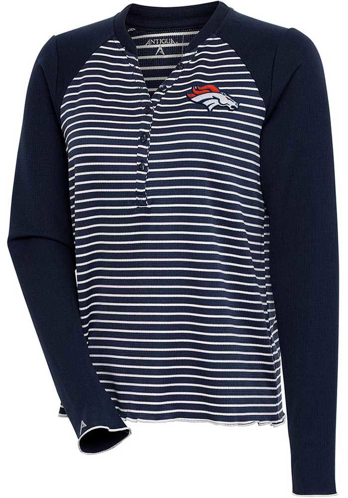 Antigua Denver Broncos Women's Navy Blue Maverick Henley LS Tee, Navy Blue, 100% POLYESTER, Size M, Rally House