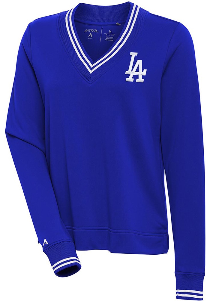 Antigua Los Angeles Dodgers Women's Blue Parker V Neck Crew Sweatshirt, Blue, 100% POLYESTER, Size L, Rally House
