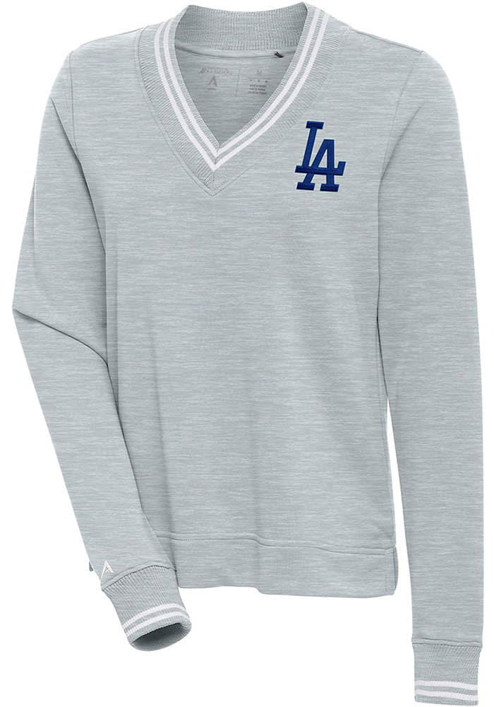 Antigua Los Angeles Dodgers Women's Grey Parker V Neck Crew Sweatshirt, Grey, 100% POLYESTER, Size M, Rally House