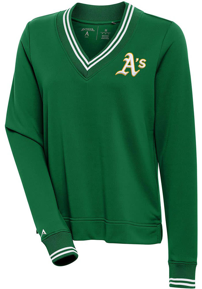 Antigua Oakland Athletics Women's Green Parker V Neck Crew Sweatshirt, Green, 100% POLYESTER, Size M, Rally House