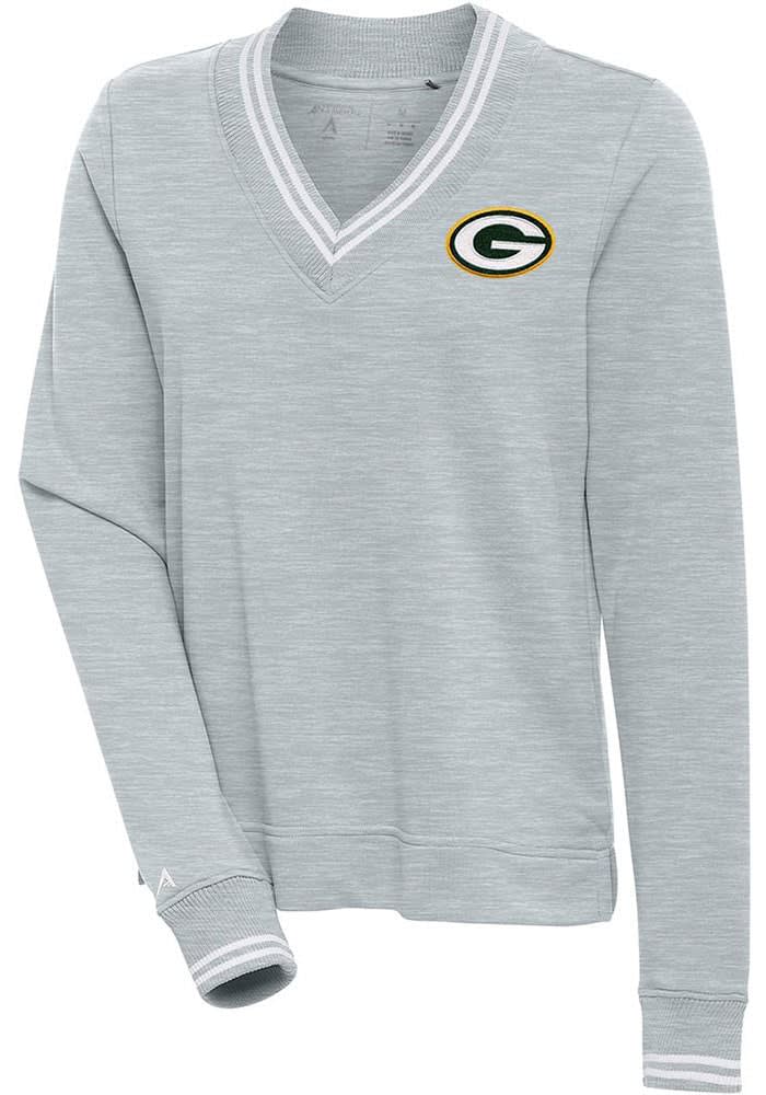 Antigua Green Bay Packers Women's Grey Parker V Neck Crew Sweatshirt, Grey, 100% POLYESTER, Size S, Rally House