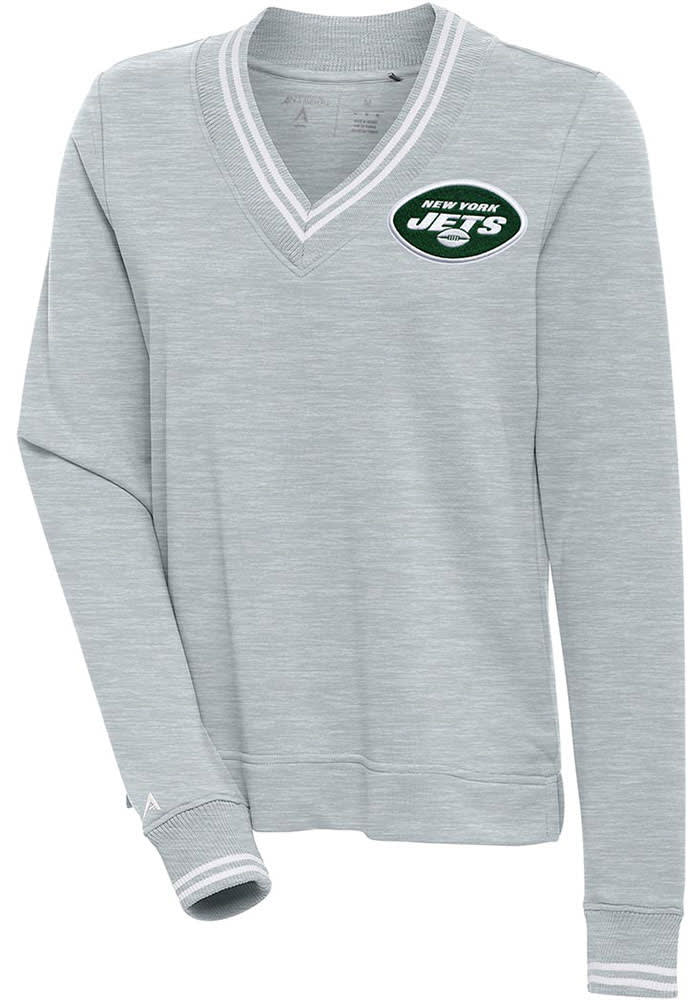 Antigua New York Jets Women's Grey Parker V Neck Crew Sweatshirt, Grey, 100% POLYESTER, Size S, Rally House