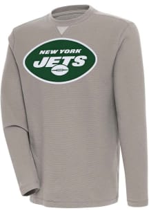 Antigua New York Jets Mens Oatmeal Flier Bunker Long Sleeve Crew Sweatshirt