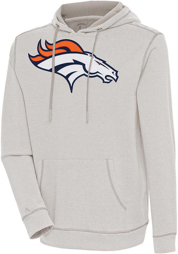 Antigua Denver Broncos Oatmeal Axe Bunker Long Sleeve Hoodie, Oatmeal, 86% Cotton / 11% Polyester / 3% SPANDEX, Size S, Rally House