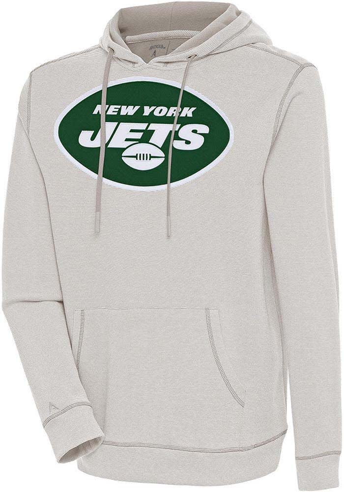 Antigua New York Jets Oatmeal Axe Bunker Long Sleeve Hoodie, Oatmeal, 86% Cotton / 11% Polyester / 3% SPANDEX, Size M, Rally House