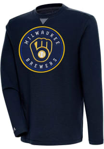 Antigua Milwaukee Brewers Mens Navy Blue Flier Bunker Long Sleeve Crew Sweatshirt