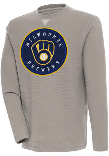 Antigua Milwaukee Brewers Mens Oatmeal Flier Bunker Long Sleeve Crew Sweatshirt