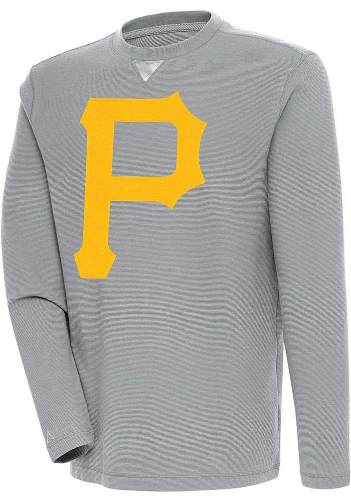 Antigua Pittsburgh Pirates Grey Flier Bunker Long Sleeve Crew Sweatshirt, Grey, 86% Cotton / 11% Polyester / 3% SPANDEX, Size 3XL, Rally House
