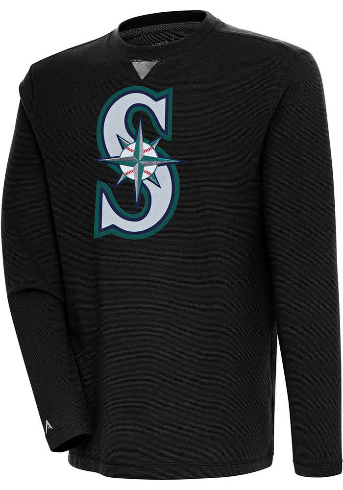 Antigua Seattle Mariners Black Flier Bunker Long Sleeve Crew Sweatshirt, Black, 86% Cotton / 11% Polyester / 3% SPANDEX, Size S, Rally House