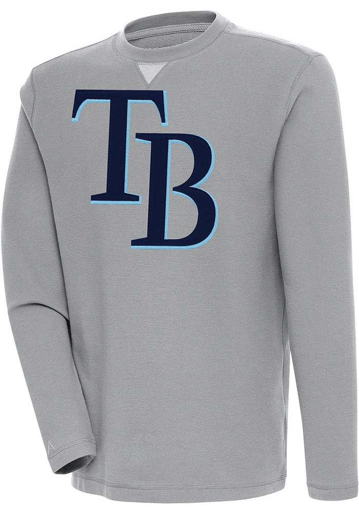 Antigua Tampa Bay Rays Grey Flier Bunker Long Sleeve Crew Sweatshirt, Grey, 86% Cotton / 11% Polyester / 3% SPANDEX, Size L, Rally House