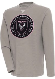 Antigua Inter Miami CF Mens Oatmeal Flier Bunker Long Sleeve Crew Sweatshirt
