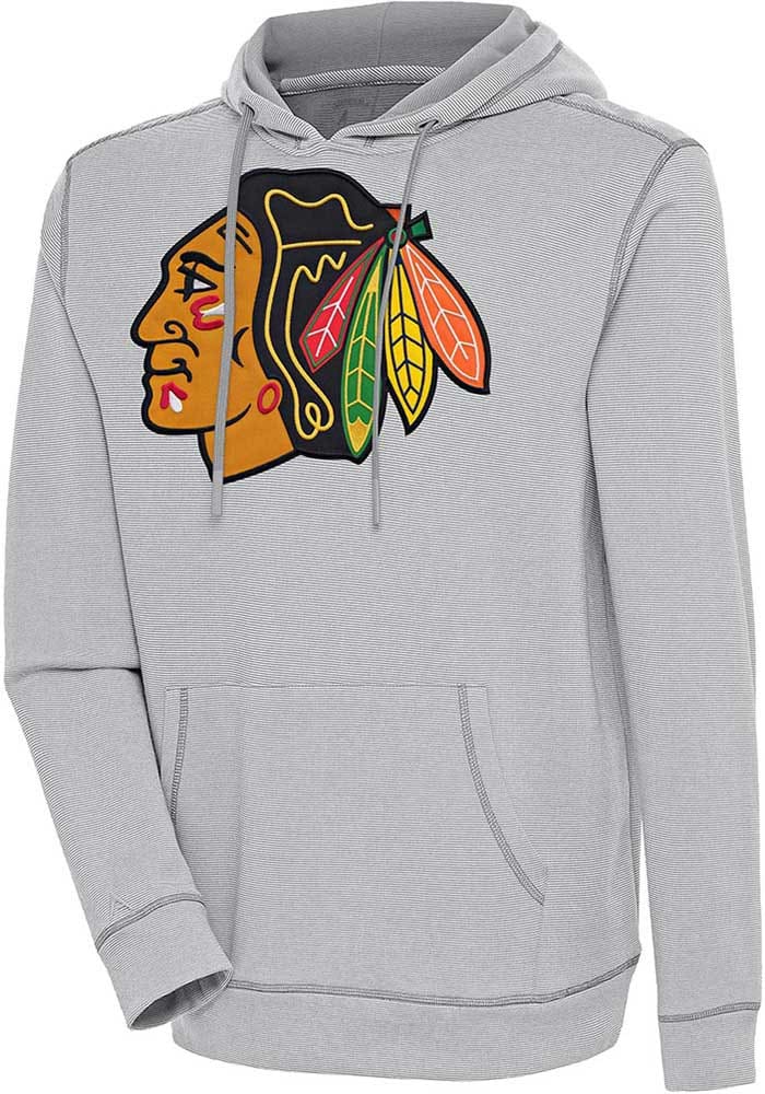 Antigua Chicago Blackhawks Grey Axe Bunker Long Sleeve Hoodie, Grey, 86% Cotton / 11% Polyester / 3% SPANDEX, Size S, Rally House