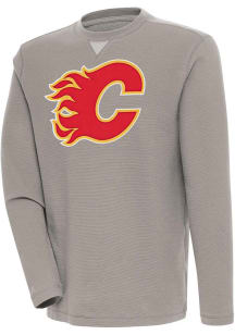 Antigua Calgary Flames Mens Oatmeal Flier Bunker Long Sleeve Crew Sweatshirt