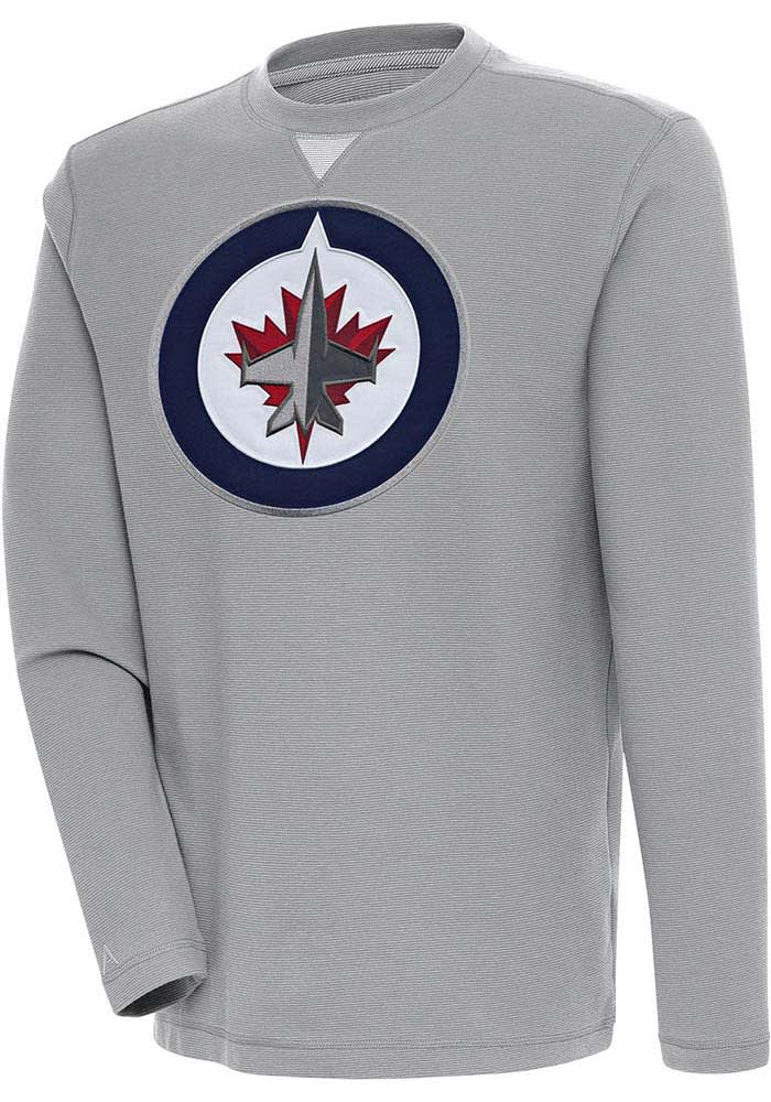 Antigua Winnipeg Jets Grey Flier Bunker Long Sleeve Crew Sweatshirt, Grey, 86% Cotton / 11% Polyester / 3% SPANDEX, Size 2XL, Rally House