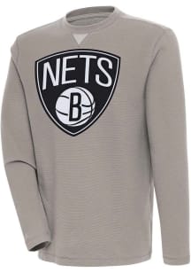 Antigua Brooklyn Nets Mens Oatmeal Flier Bunker Long Sleeve Crew Sweatshirt