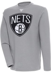 Antigua Brooklyn Nets Mens Grey Flier Bunker Long Sleeve Crew Sweatshirt