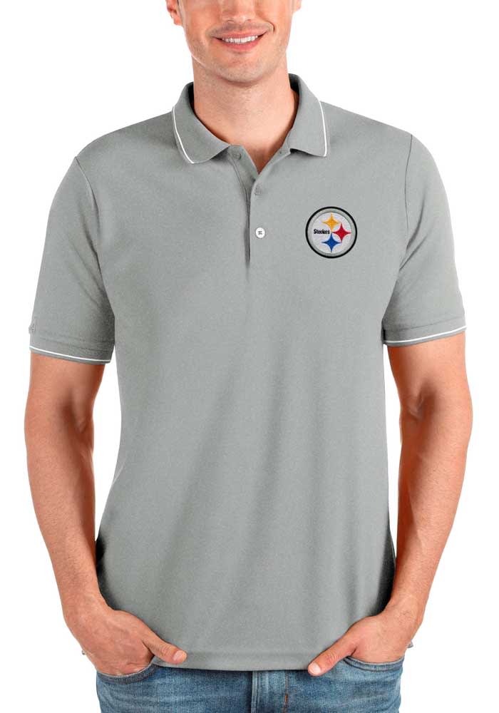 Antigua Pittsburgh Steelers Grey Metallic Logo Affluent Short Sleeve Polo, Grey, 100% POLYESTER, Size L, Rally House