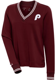 Antigua Philadelphia Phillies Womens Maroon Tonal Logo Parker V Neck Crew Sweatshirt