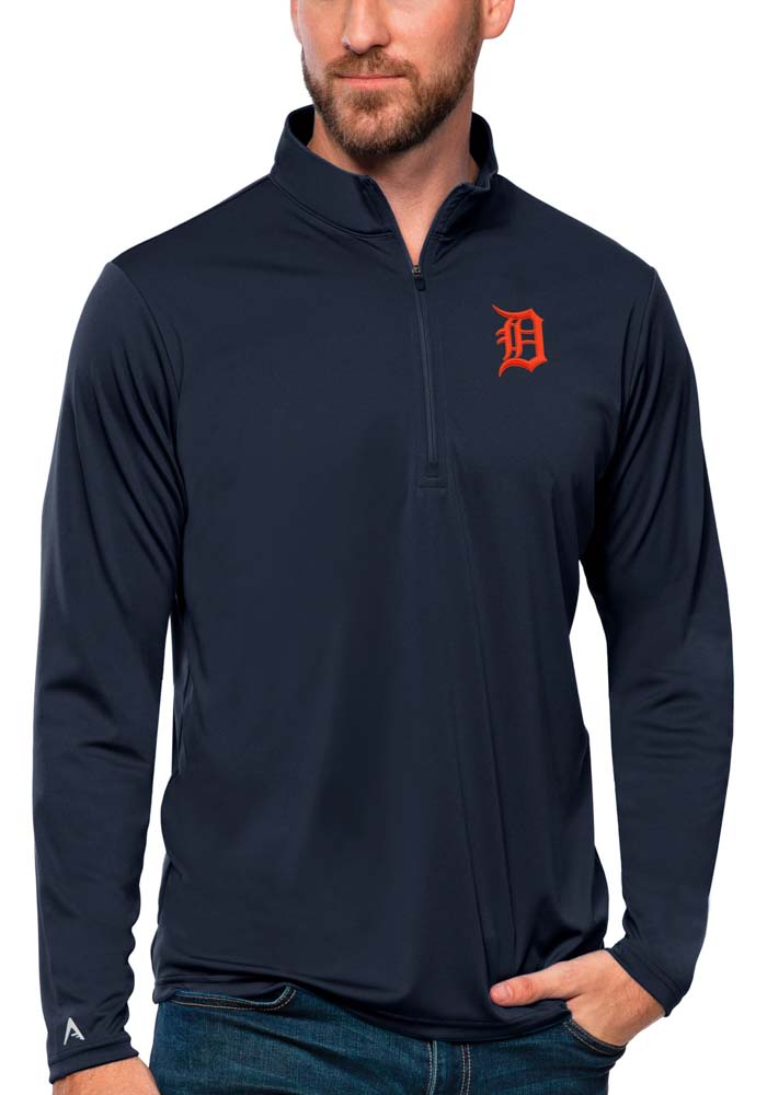 Antigua Detroit Tigers Navy Blue Metallic Logo Tribute Long Sleeve 1/4 Zip Pullover, Navy Blue, 100% POLYESTER, Size 3XL, Rally House